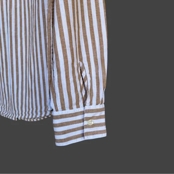 SEZANE Camel Tan & White Ecru Linen Cotton Striped Button Down Tomboy Shirt - Picture 12 of 17